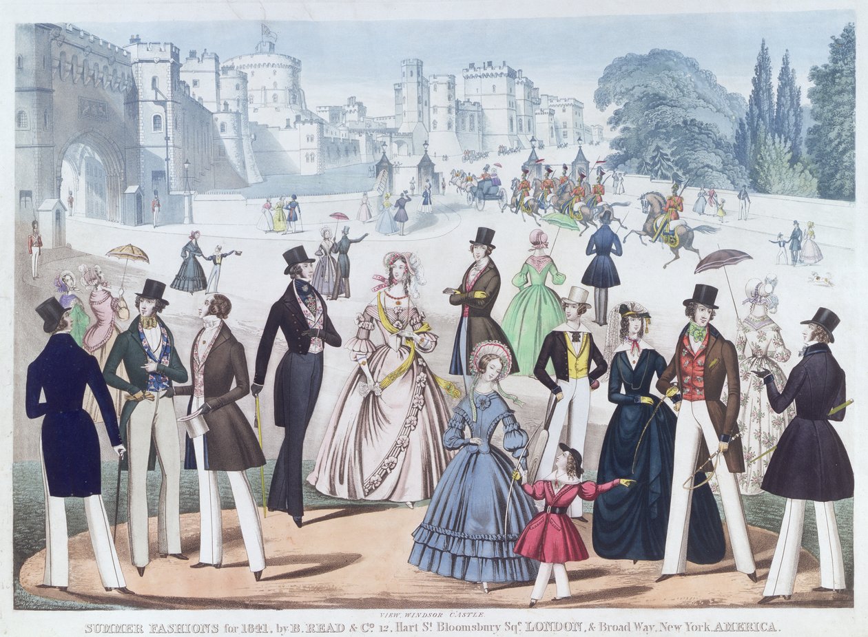 Modas de Verão para 1841: Outside Windsor Castle (aquatint) de English School