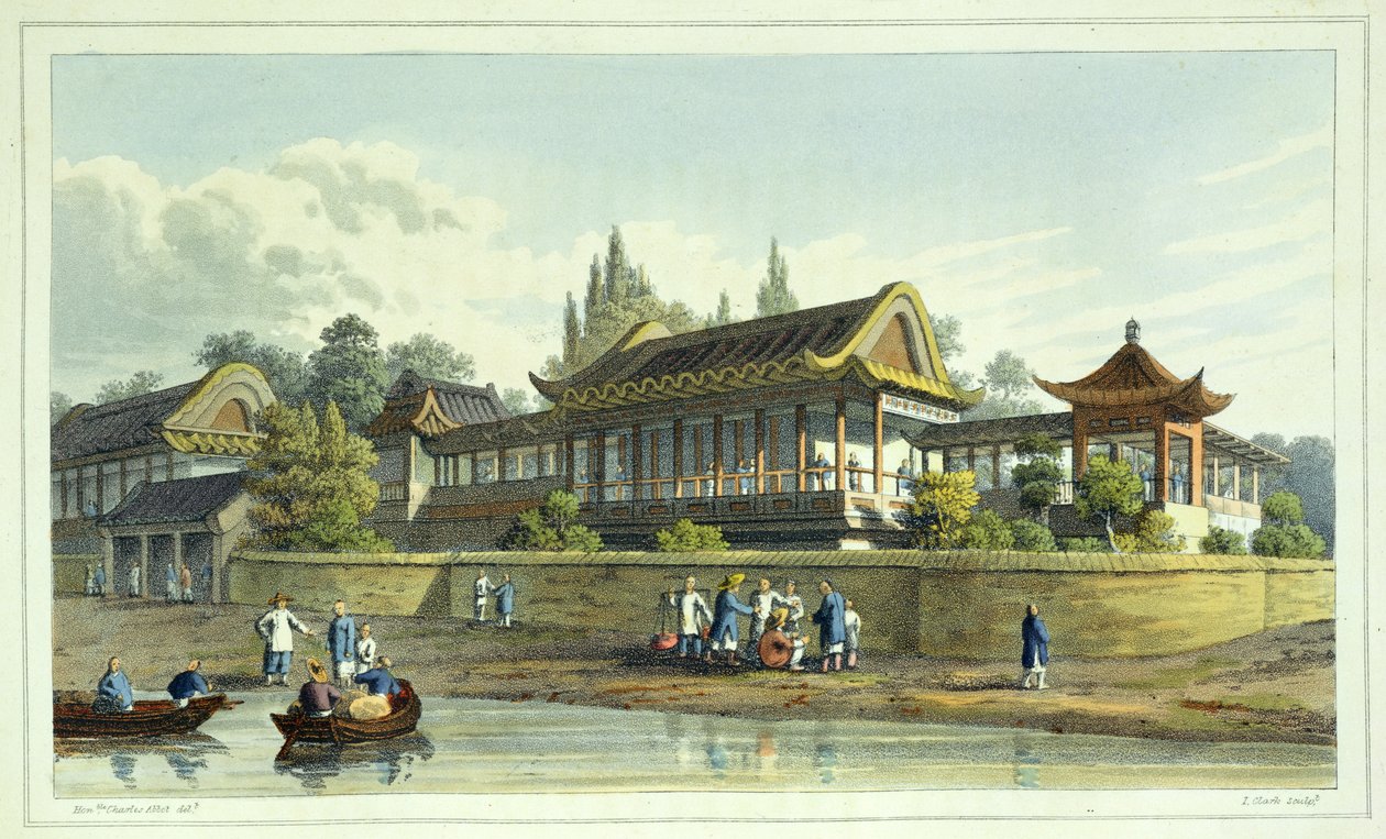 Palácio de Verão do Imperador, em frente à cidade de Tien-Sing, placa 2 do Jornal dos Atas da Embaixada do Tardia na China, gravado por J. Clark, 1817 (aquatint) de English School