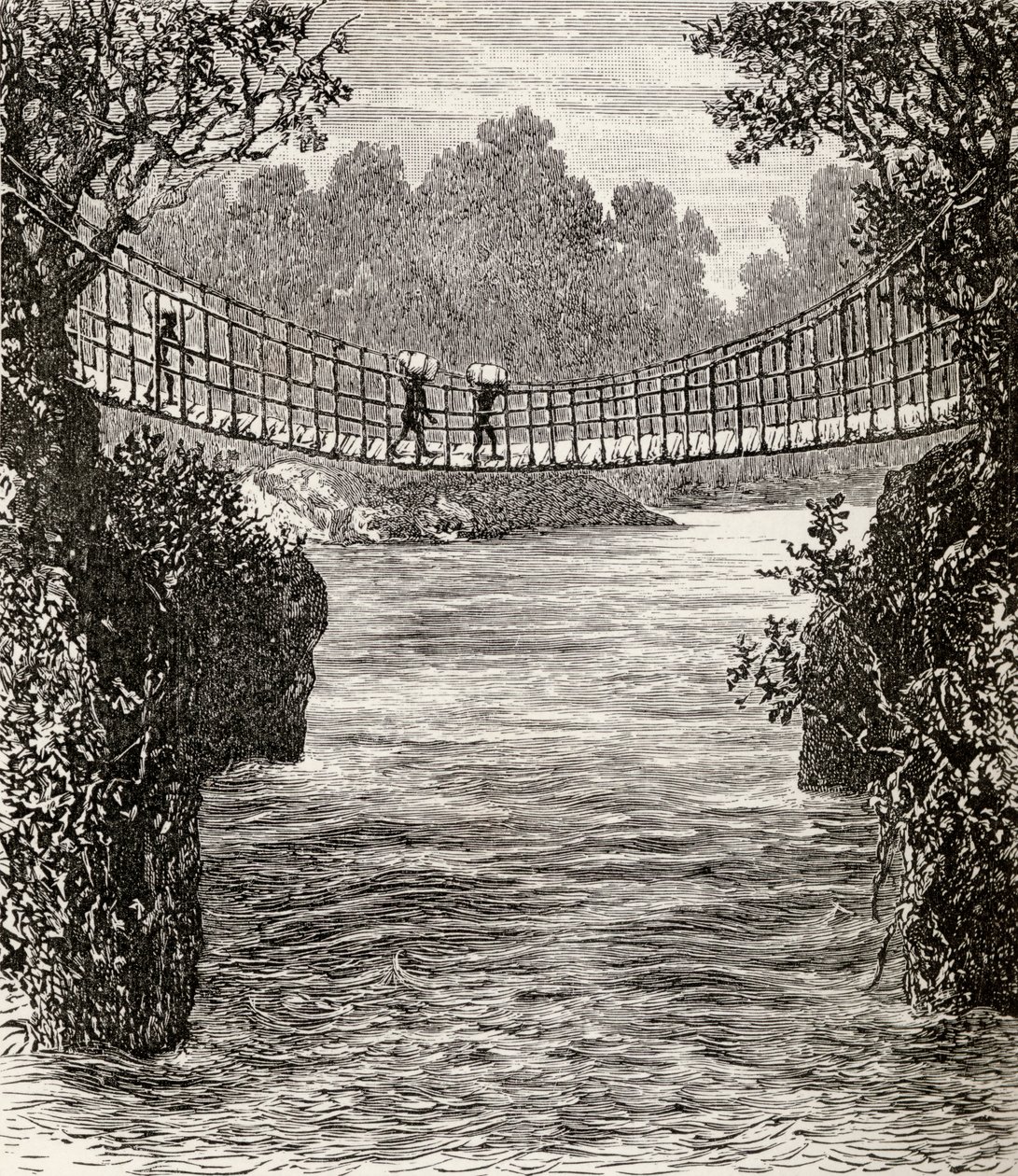Ponte suspensa sobre o rio Ituri, o Congo, 1890 (gravura em madeira) de English School