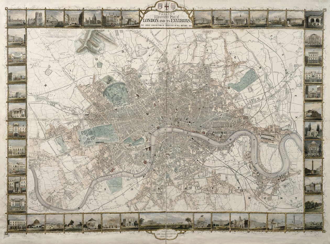 Talliss Plano Ilustrado de Londres e seus arredores, em comemoração à Grande Exposição da Indústria de Todas as Nações, 1851, publicado por John Tallis & Co. de English School