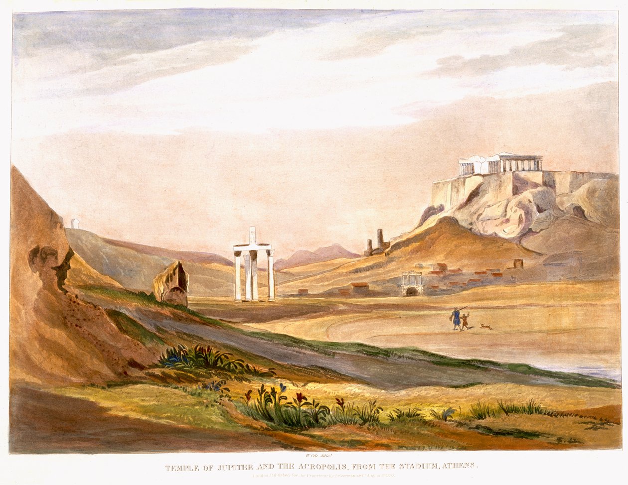 Templo de Júpiter e da Acrópole, do estádio, Atenas, publicado em Londres 1835 (cor aquatint) de English School