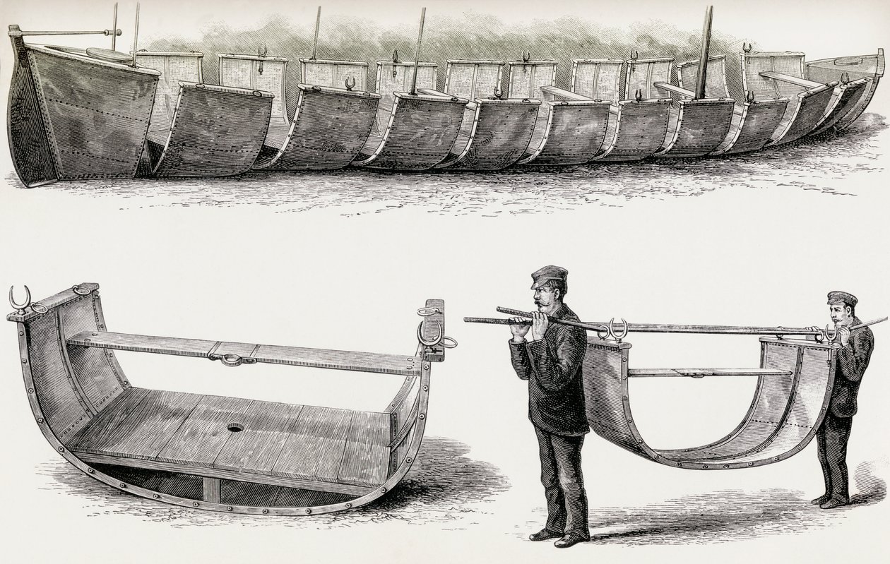O barco de aço de 28 pés de antecedência, projetado para ser transportado por terra, 1890 (gravura em madeira) de English School