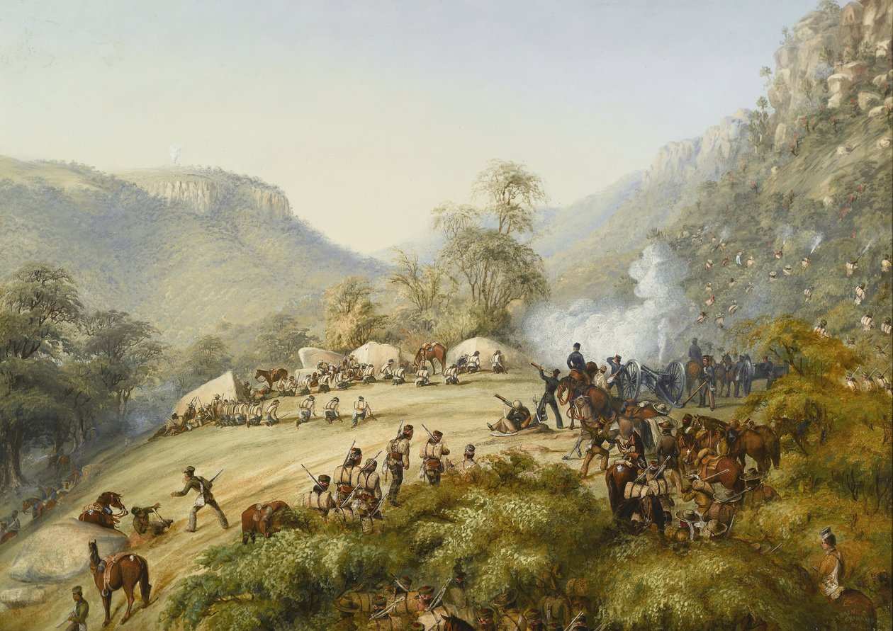 O 74º Regimento em um compromisso nas alturas acima de Waterkloof, 1851 de English School