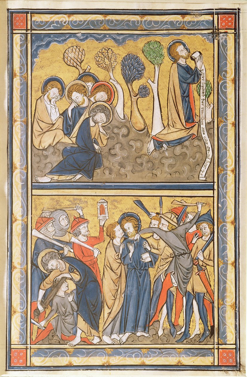 A Agonia no Jardim e a Traição de Cristo, folha de um saltério, c.1270 (tempera, tinta e folha de ouro em pergaminho) de English School