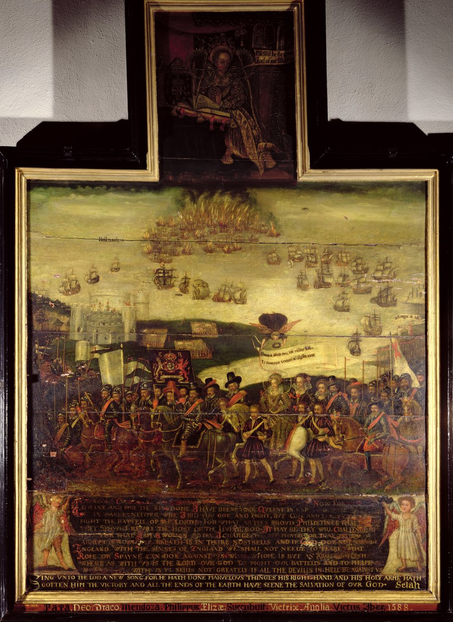 A chegada da rainha Elizabeth I (1530-1603) em Tilbury; e a derrota da Armada Espanhola, painel da esquerda, pela Escola de Inglês (século XVII) de English School