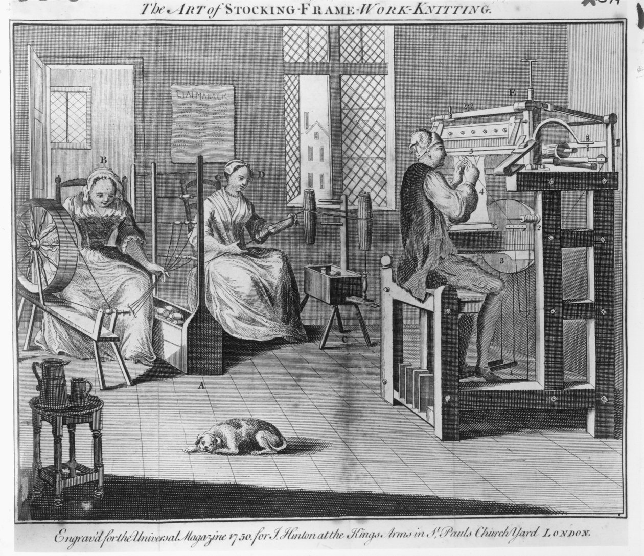 A arte da meia-armação-trabalho-tricô, gravada para a &39;Revista Universal&39; 1750 de English School