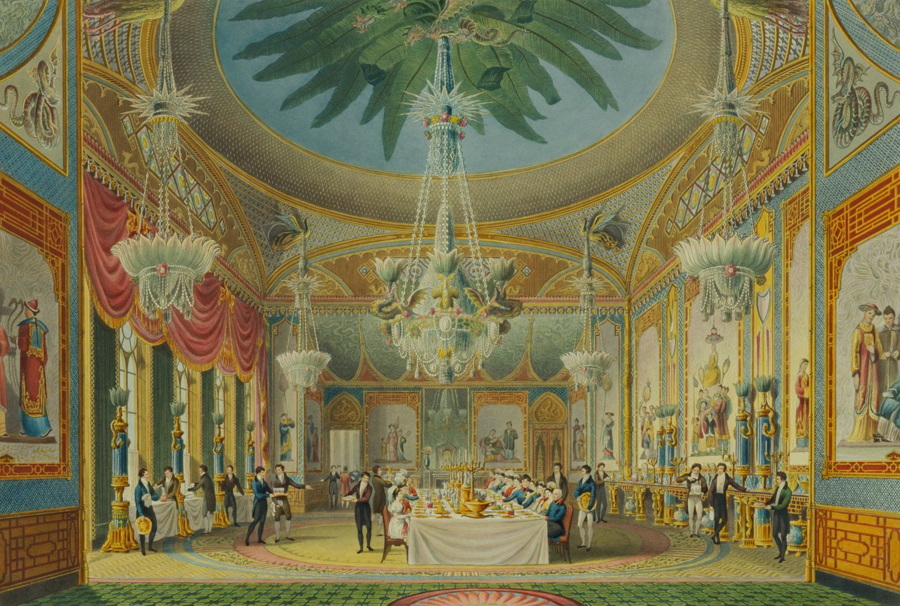 A sala de banquetes, de &39;Vistas do Pavilhão Real, Brighton&39; por John Nash (1752-1835) 1826 (aquatint) de English School