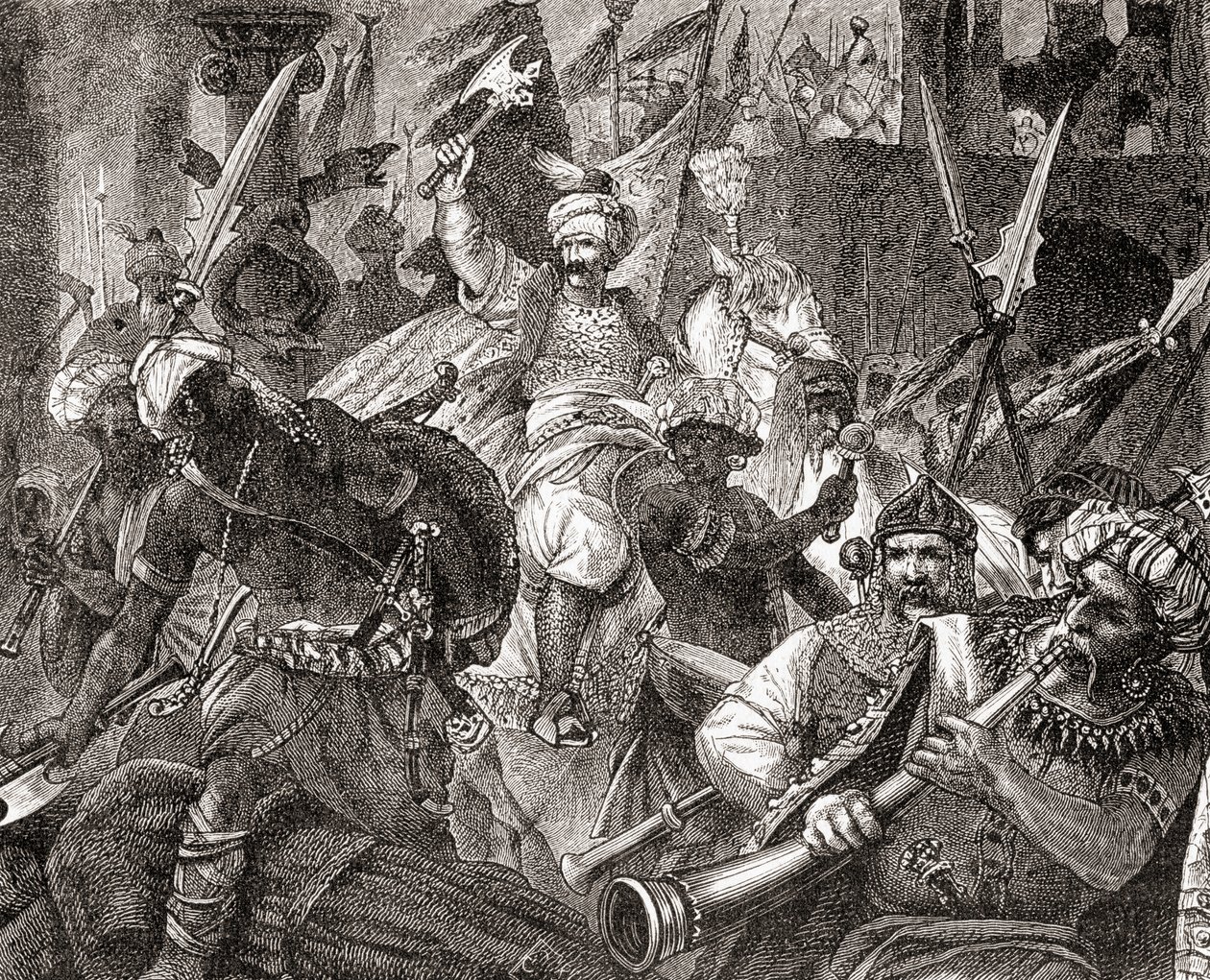A Batalha de Alcacer Quibir, também conhecida como Batalha dos Três Reis ou Batalha de Oued al-Makhazin, no norte de Marrocos, em 4 de agosto de 1578, de Ward and Locks, História Ilustrada do Mundo, pub. c.1882 de English School