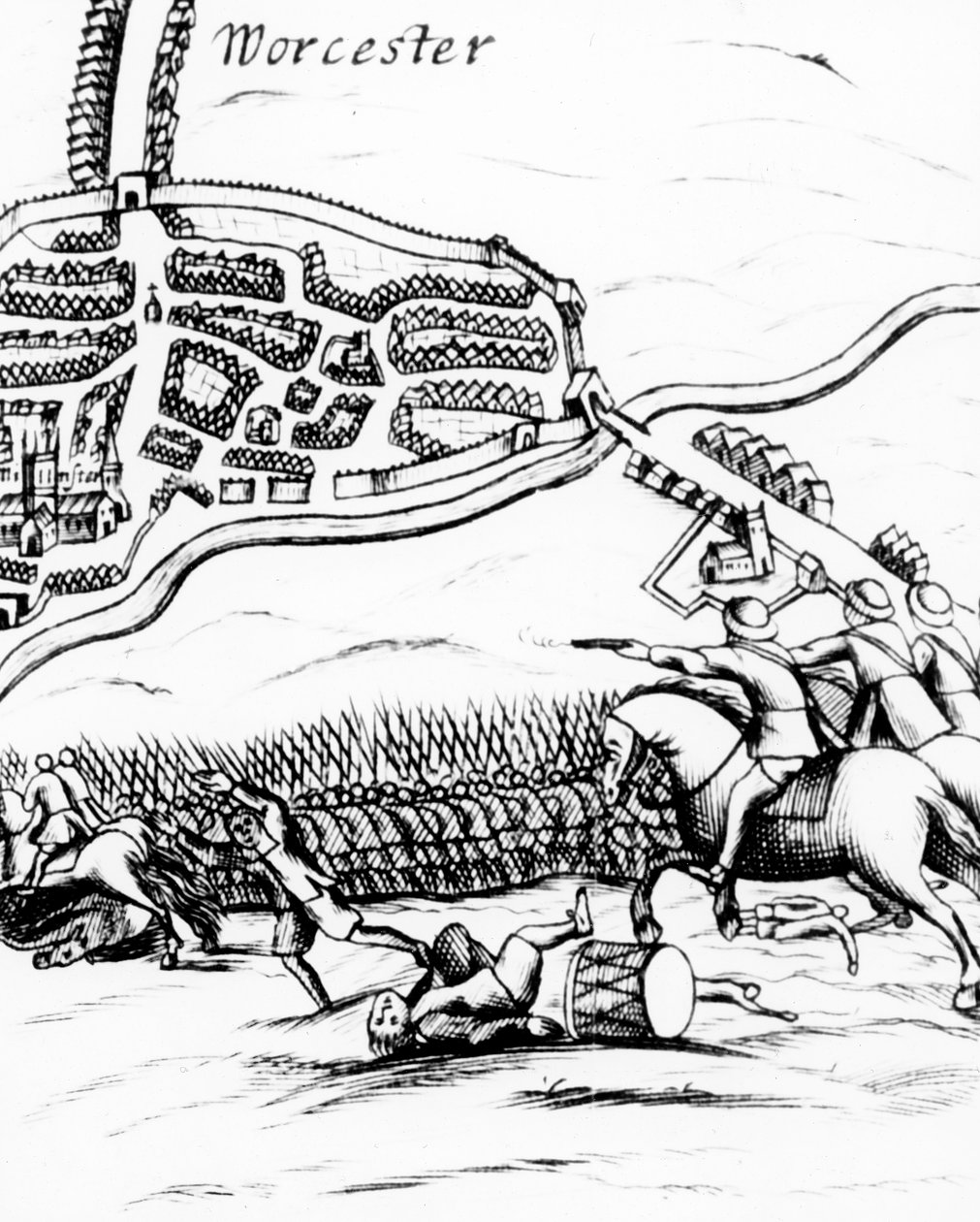 A Batalha de Worcester em 3 de setembro de 1651, publicada em um panfleto de 1660 de English School