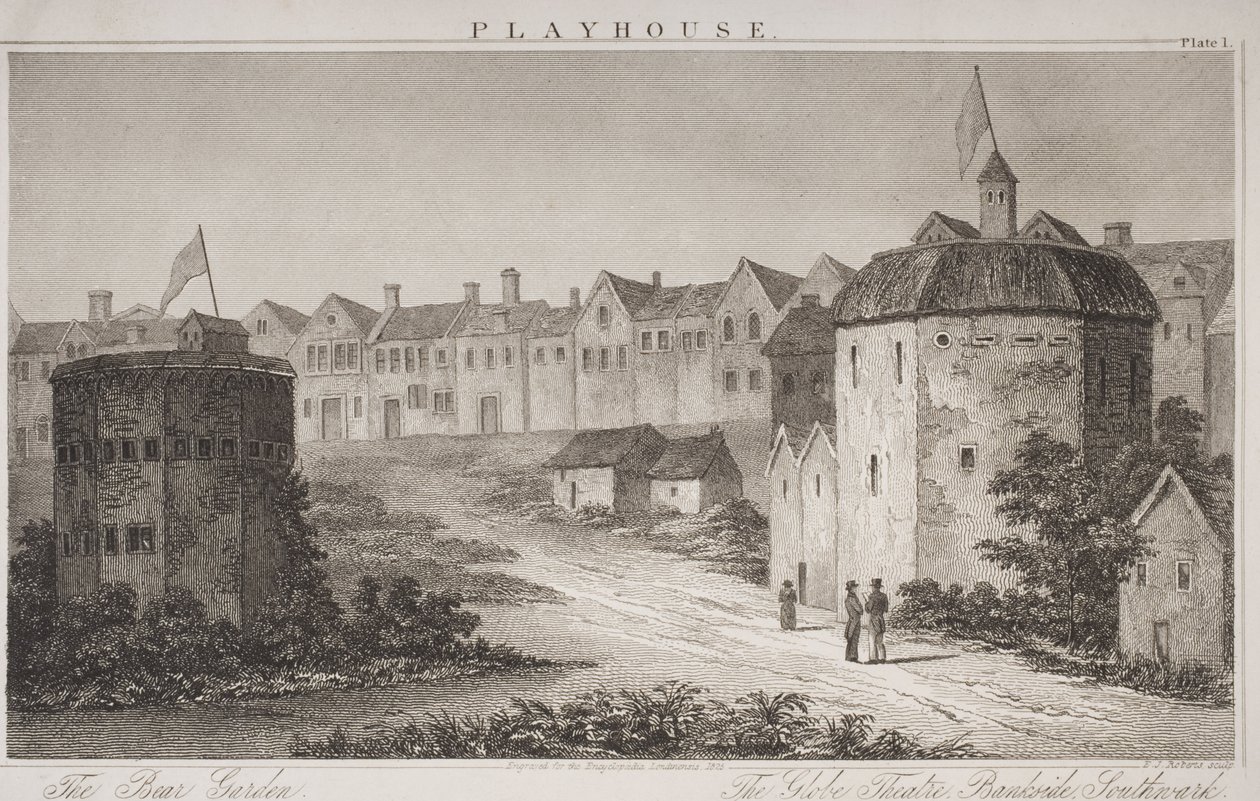 O Jardim dos Ursos e o Globe Theatre, da Encyclopaedia Londinensis, gravada por EJ Roberts, 1825 de English School
