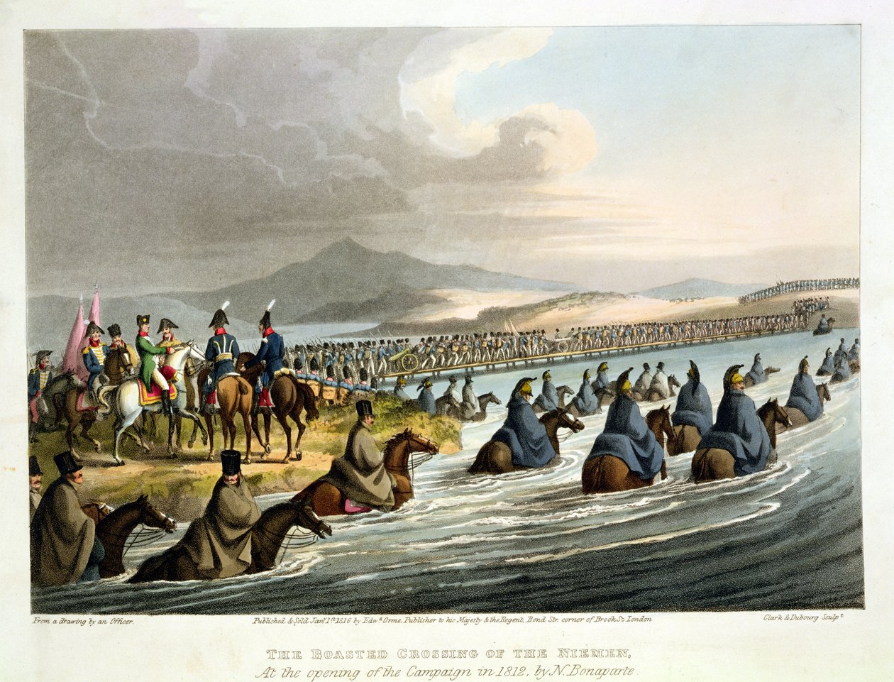 A travessia ostentada do Niemen na abertura da campanha em 1812 por N. Bonaparte, de um desenho por um oficial, gravado por John Heaviside Clark (c.1771-1863) e Matthew Dubourg (fl.1813-20) de English School