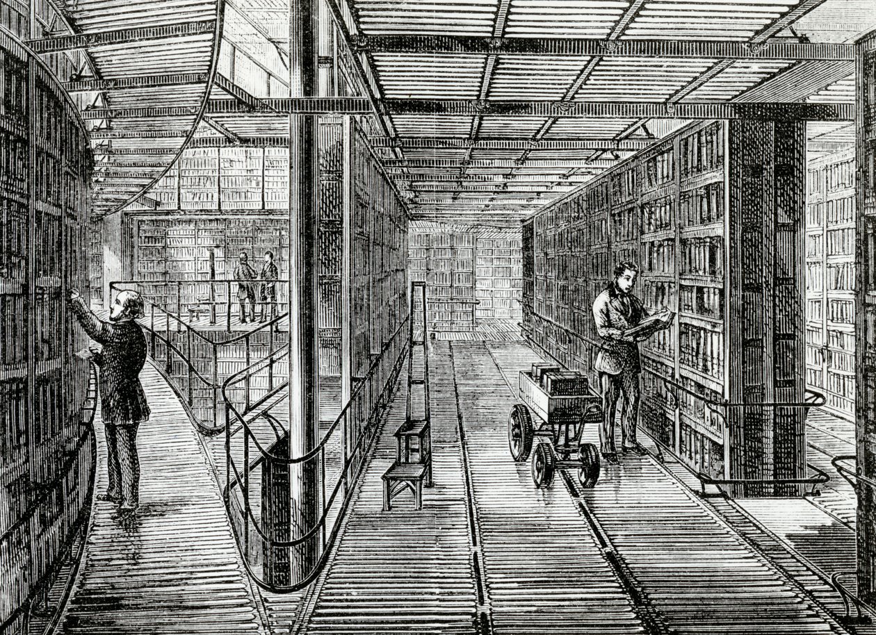 The Book-Cases no British Museum, ilustração de "Old and New London" de Edward Walford, publicado em 1880 de English School