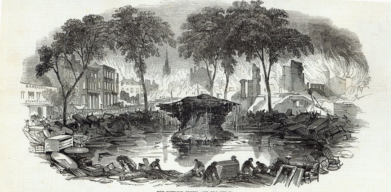 The Bowling-green e Broadway, Nova York, de The Illustrated London News, 23 de agosto de 1845 de English School