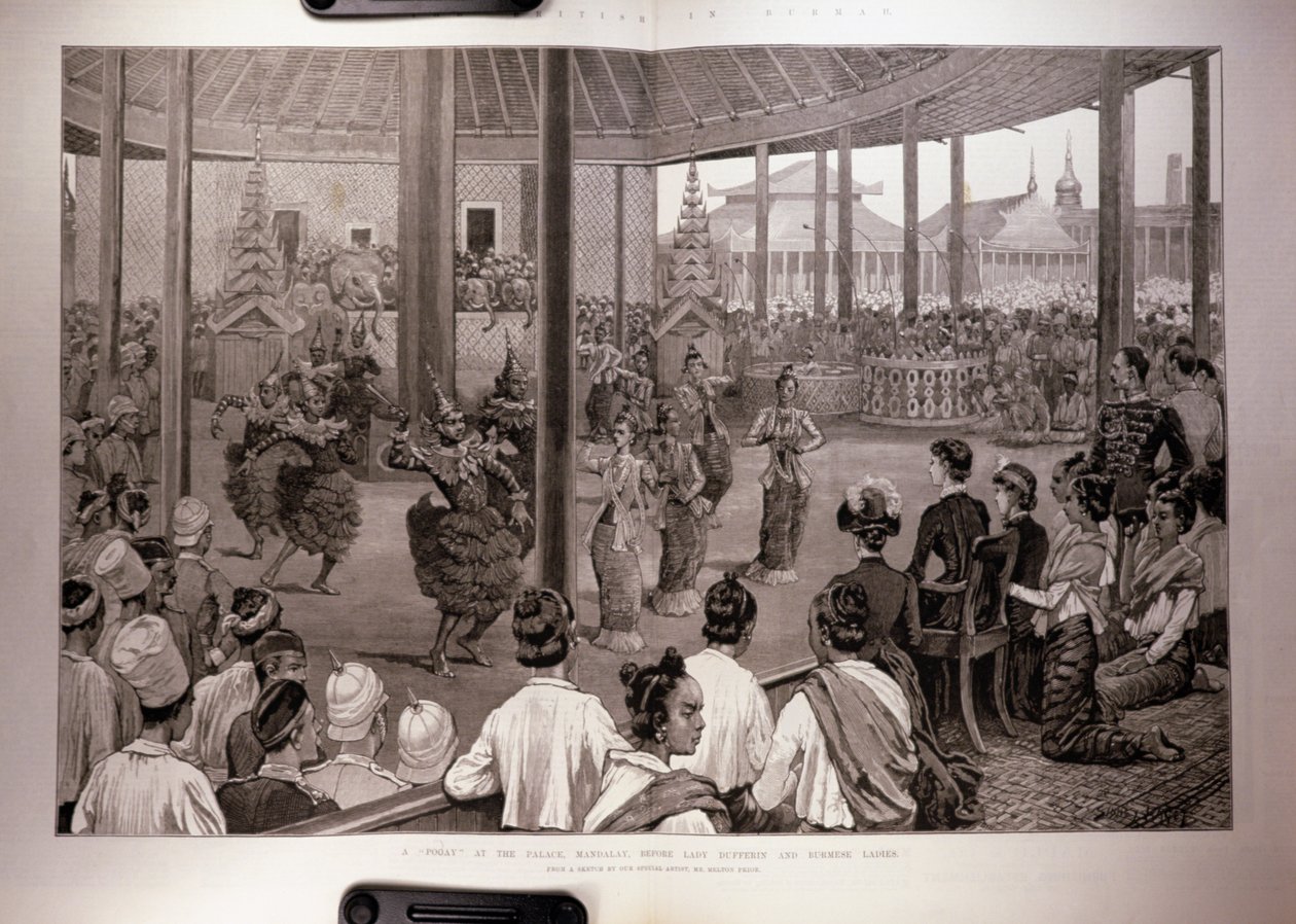Os britânicos em Burmah: Um Pooay no Palácio, Mandalay, Antes de Lady Dufferin e Senhoras Birmanesas, de &39;The Illustrated London News&39;, 17 de abril de 1886 de English School