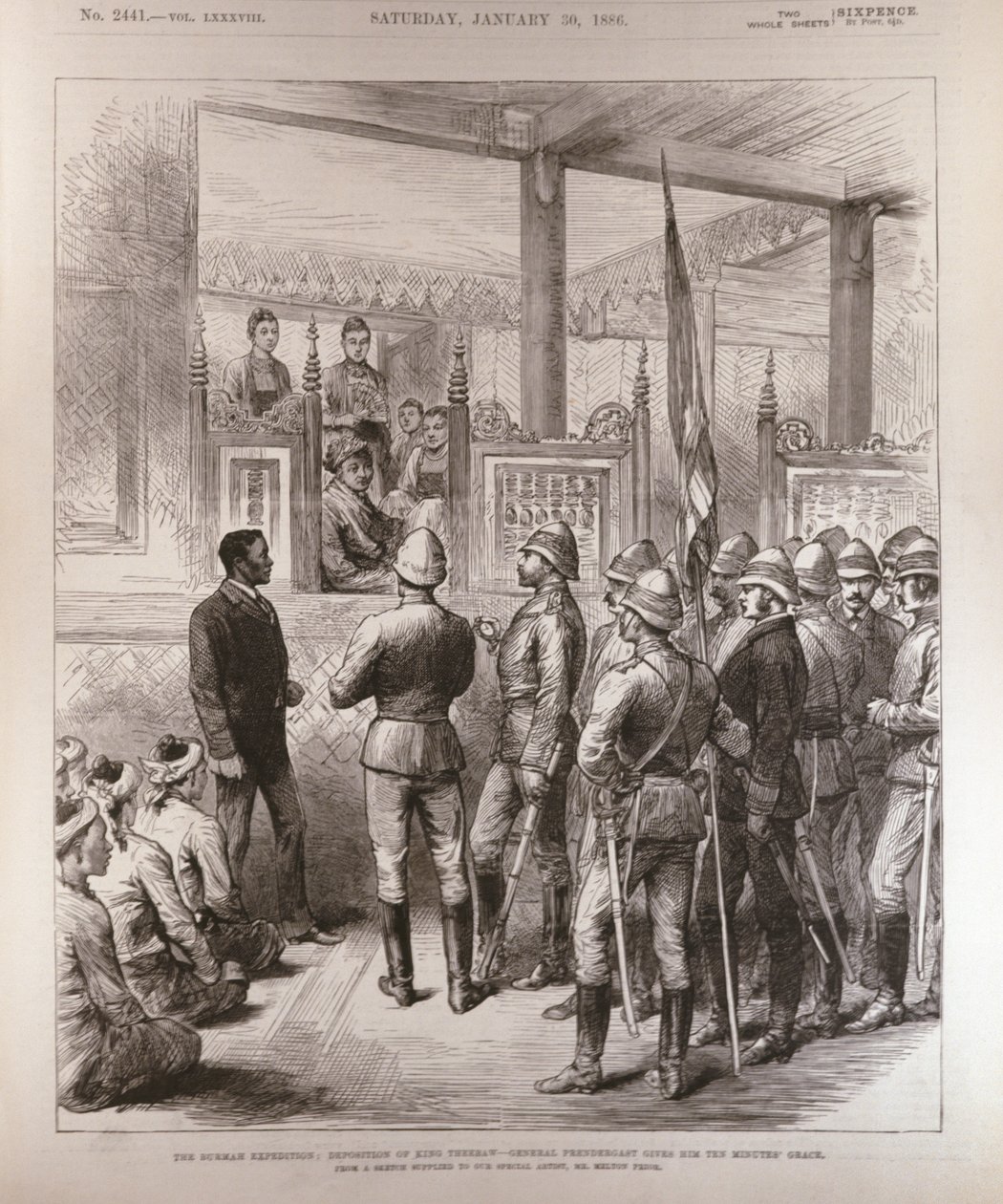 A Deposição Burmah do Rei Theebaw (1858-1916): O General Prendergast Dá-lhe Dez Minutos de Graça, de The Illustrated London News, 30 de janeiro de 1886 de English School