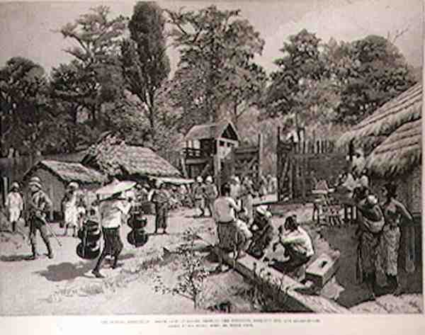 A Expedição de Burmah: Portão Sul de Bhamo Exibindo a Paliçada, a Cabana de Vigia e a Casa de Guarda, da The Illustrated London News, 3 de junho de 1886 de English School