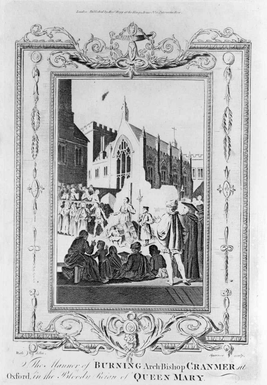 A Queima do Arcebispo Thomas Cranmer (1489-1556) em Oxford no Reinado Sangrento da Rainha Maria (1516-1558), gravado por Thomas Sparrow (1765-84) de English School