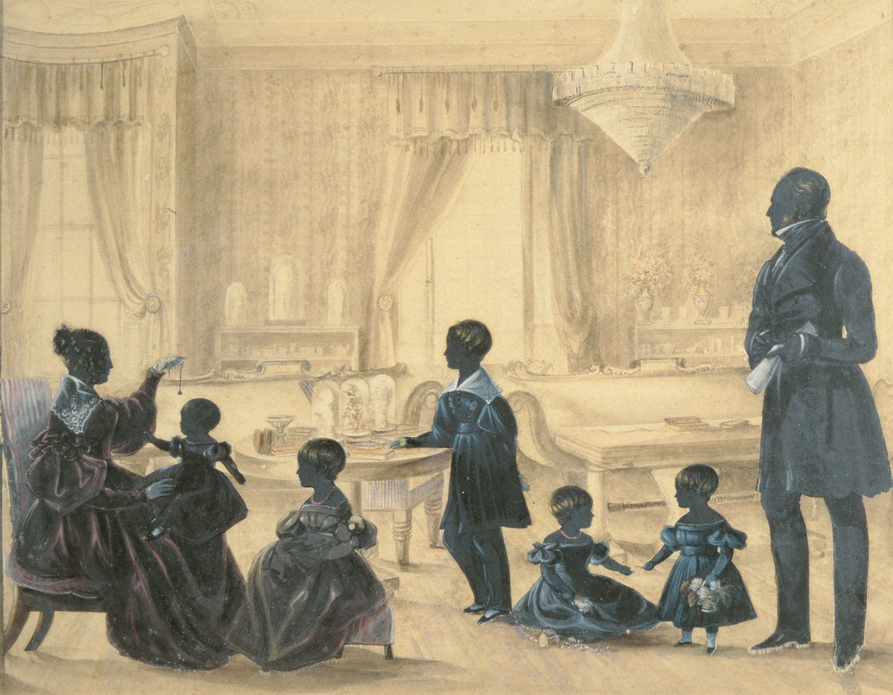 A Família Burrell em sua casa em Durham, c.1820 (wc com silhuetas aplicadas) de English School