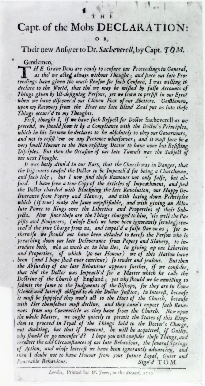 O capitão da Mobs Declaration ou, sua nova resposta ao Dr. Sacheverell, pelo capitão Tom, 1710 (impressão) de English School
