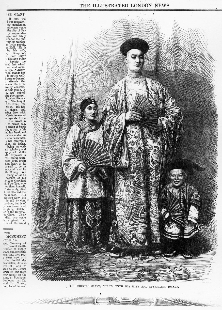 O gigante chinês, Chang, com sua esposa e anão assistente, publicado em &39;The Illustrated London News&39;, 30 de setembro de 1865 de English School