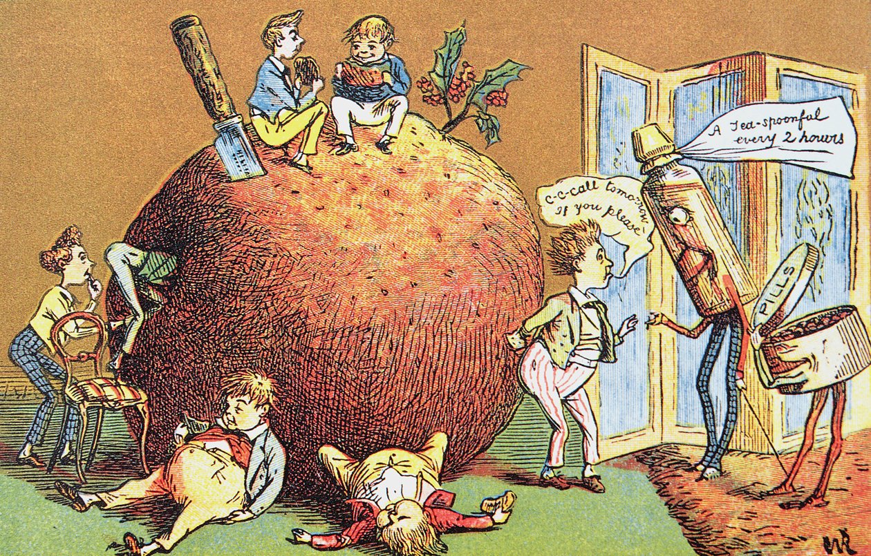 O pudim de Natal, um cartão de Natal vitoriano (gravura a cores) de English School