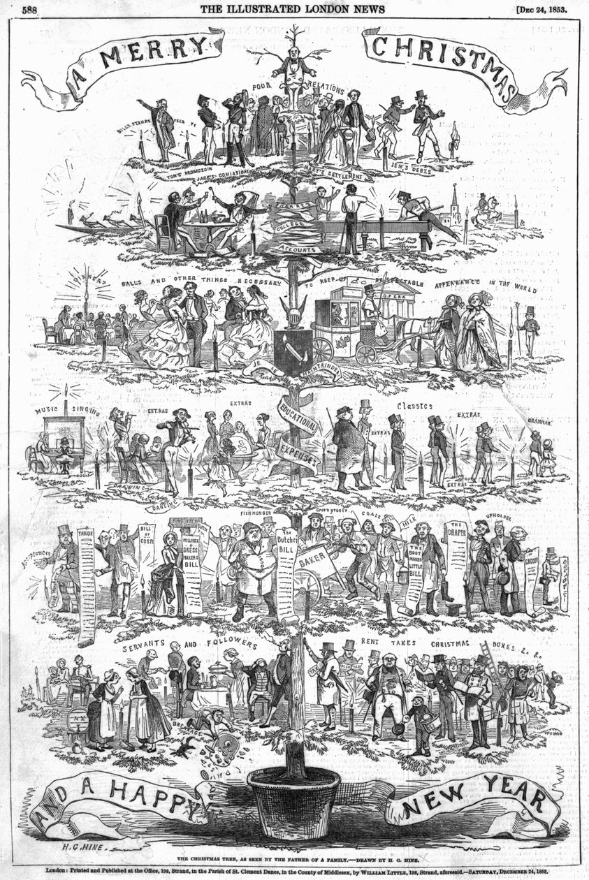 A Árvore de Natal, vista pelo pai de uma família, ilustrada de &39;The Illustrated London News&39;, 24 de dezembro de 1853 de English School