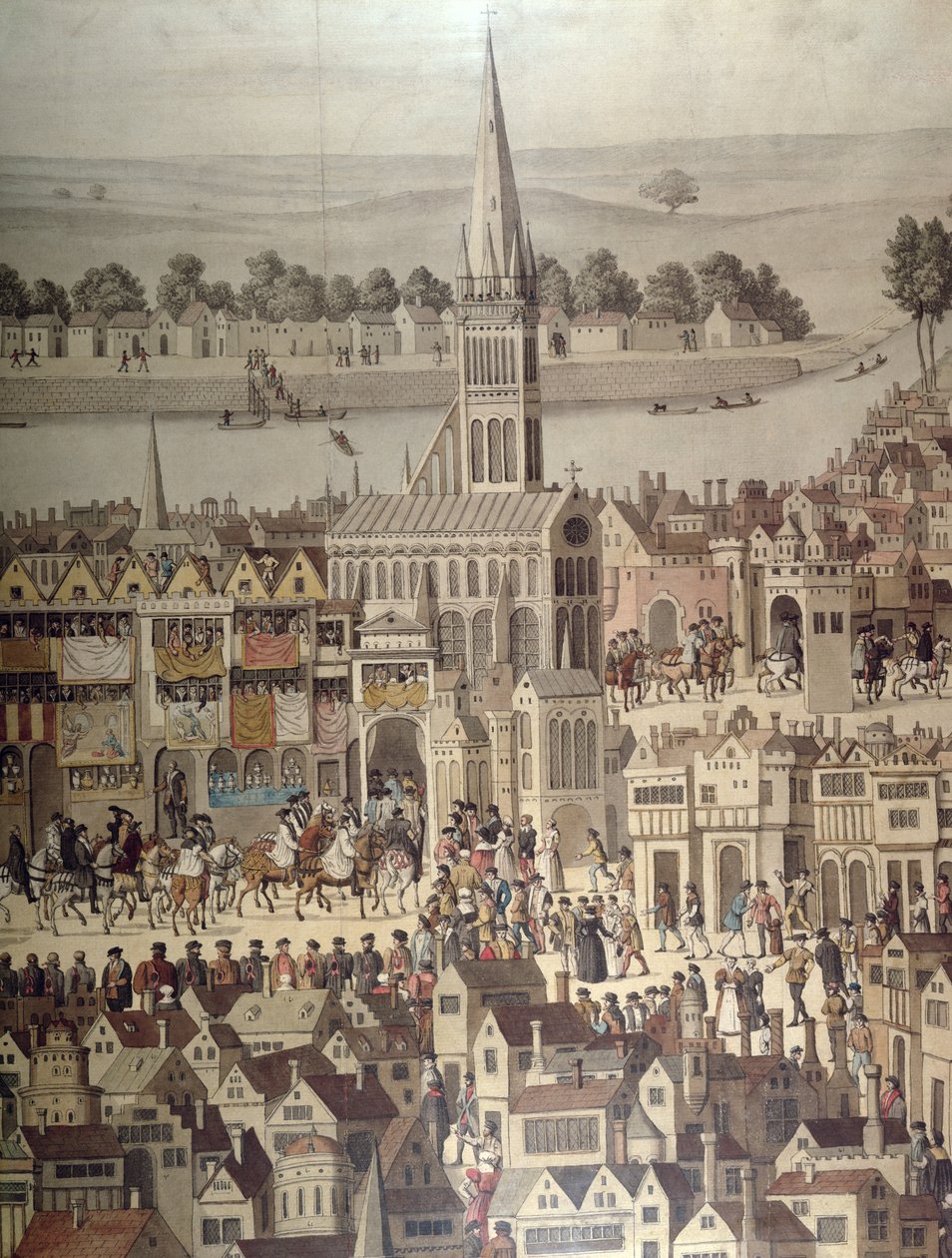 A procissão de coroação do rei Edward VI (1537-53) em 1547 (detalhe de 2916) de English School