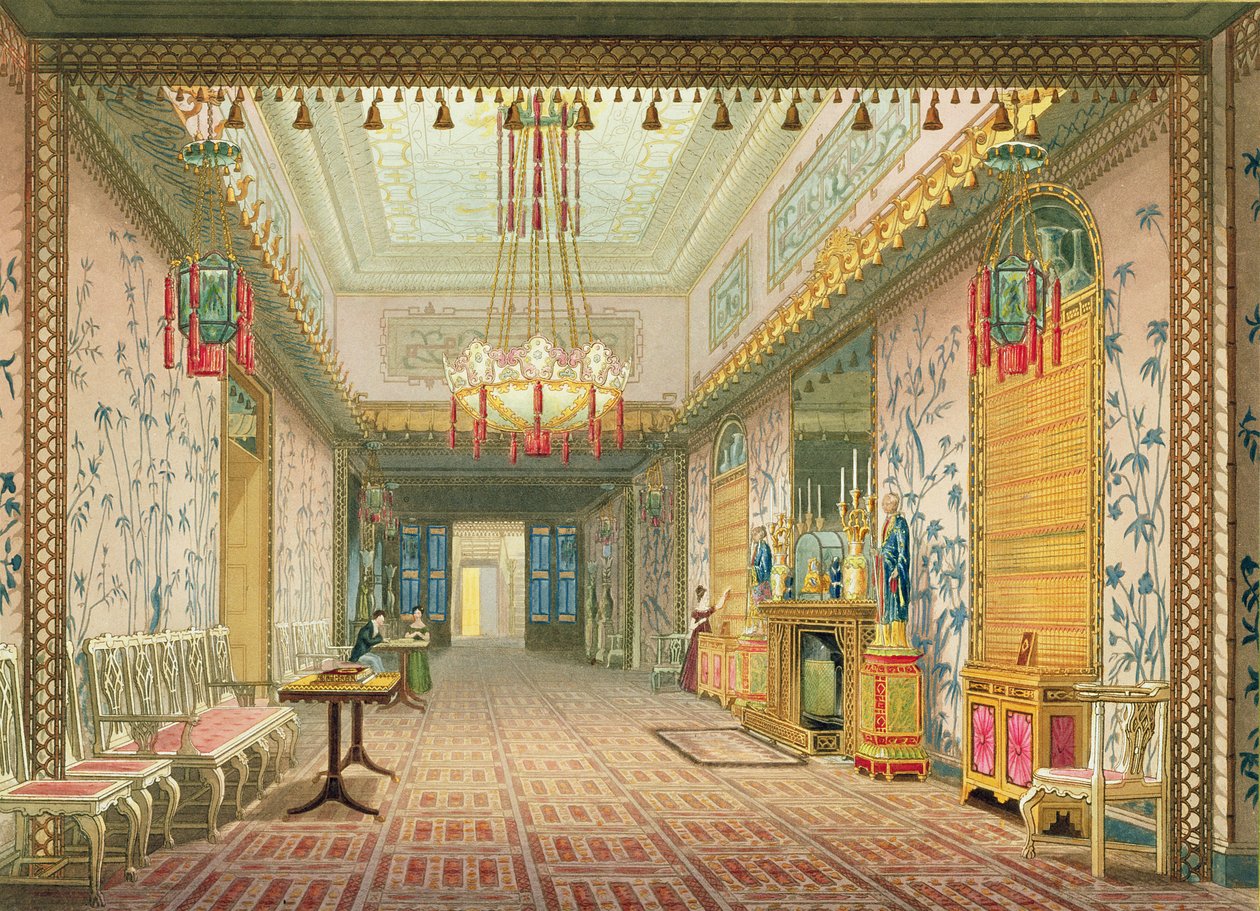 O corredor ou galeria longa em sua fase final, das vistas do pavilhão real, Brighton por John Nash (1752-1835) 1826 (aquatint) de English School