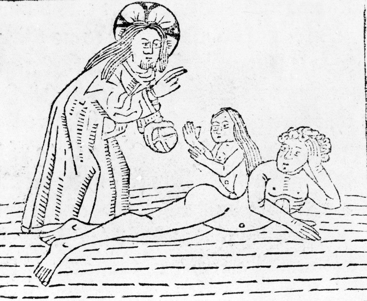 A Criação do Homem, ilustração de "Mirror of the World", publicado por William Caxton em 1481 de English School