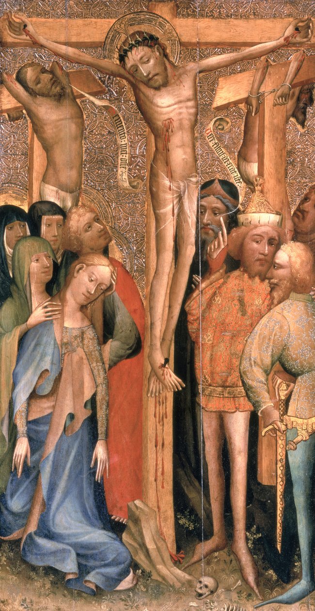 The Crucifixion, c.1395 (relevo de estanho temperado e dourado no painel) de English School