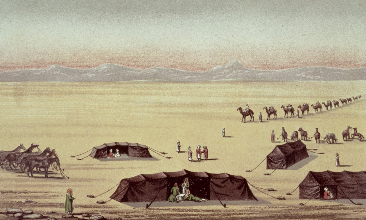 O acampamento do deserto de Sir Richard Burton (1821-90) (pastel sobre papel) de English School