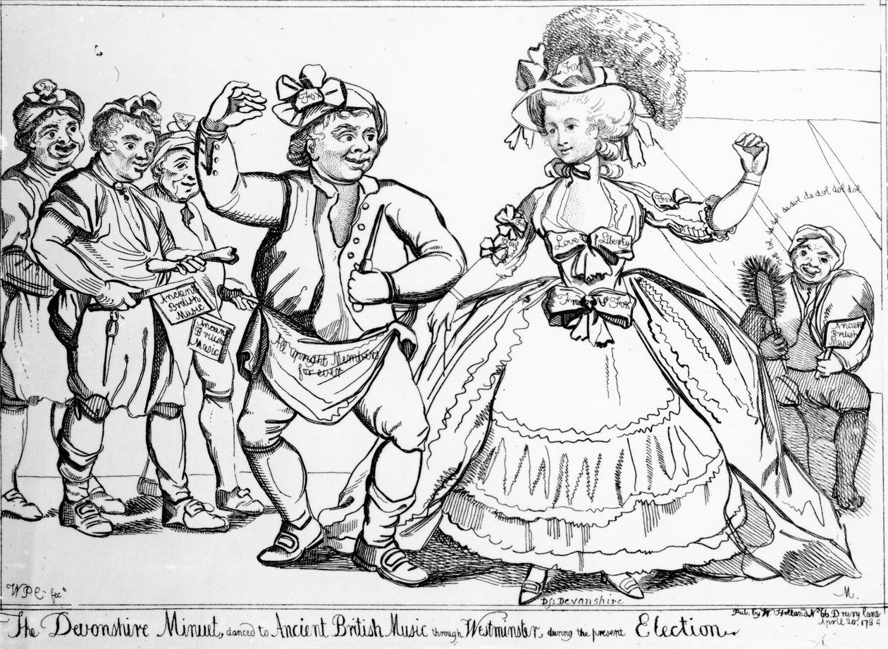 O Minuet Devonshire, dançou a antiga música britânica através de Westminster durante a eleição, impressão feita por William Paulet Carey, 1784 de English School