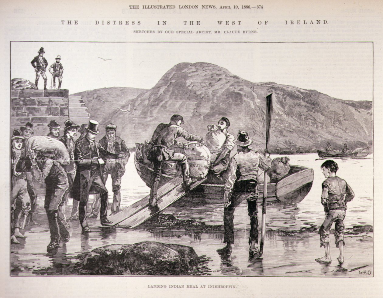 A aflição no oeste da Irlanda: Landing Indian Meal em Inishboffin, de The Illustrated London News, 4 de outubro de 1886 de English School