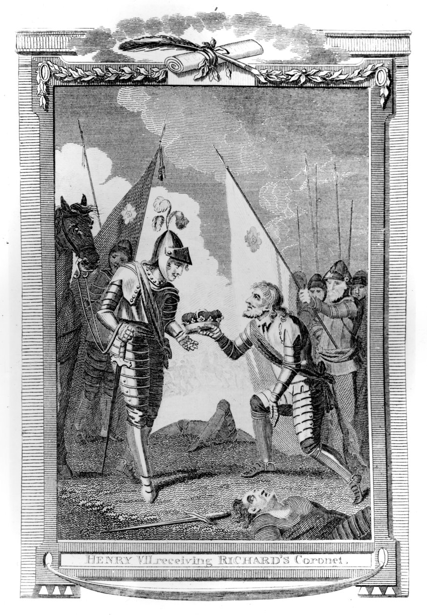 O Conde de Richmond apresentou-se com a Coroa da Inglaterra após a Batalha de Bosworth de English School