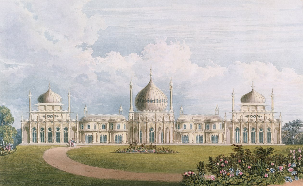 Frente Oriental, de Vistas do Pavilhão Real, Brighton por John Nash (1752-1835) 1826 (aquatint) de English School