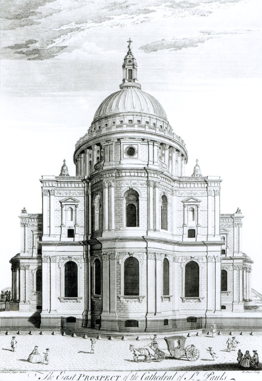 A perspectiva do leste da Catedral de São Paulo, gravada por R. Parr (fl.1723-50) de English School