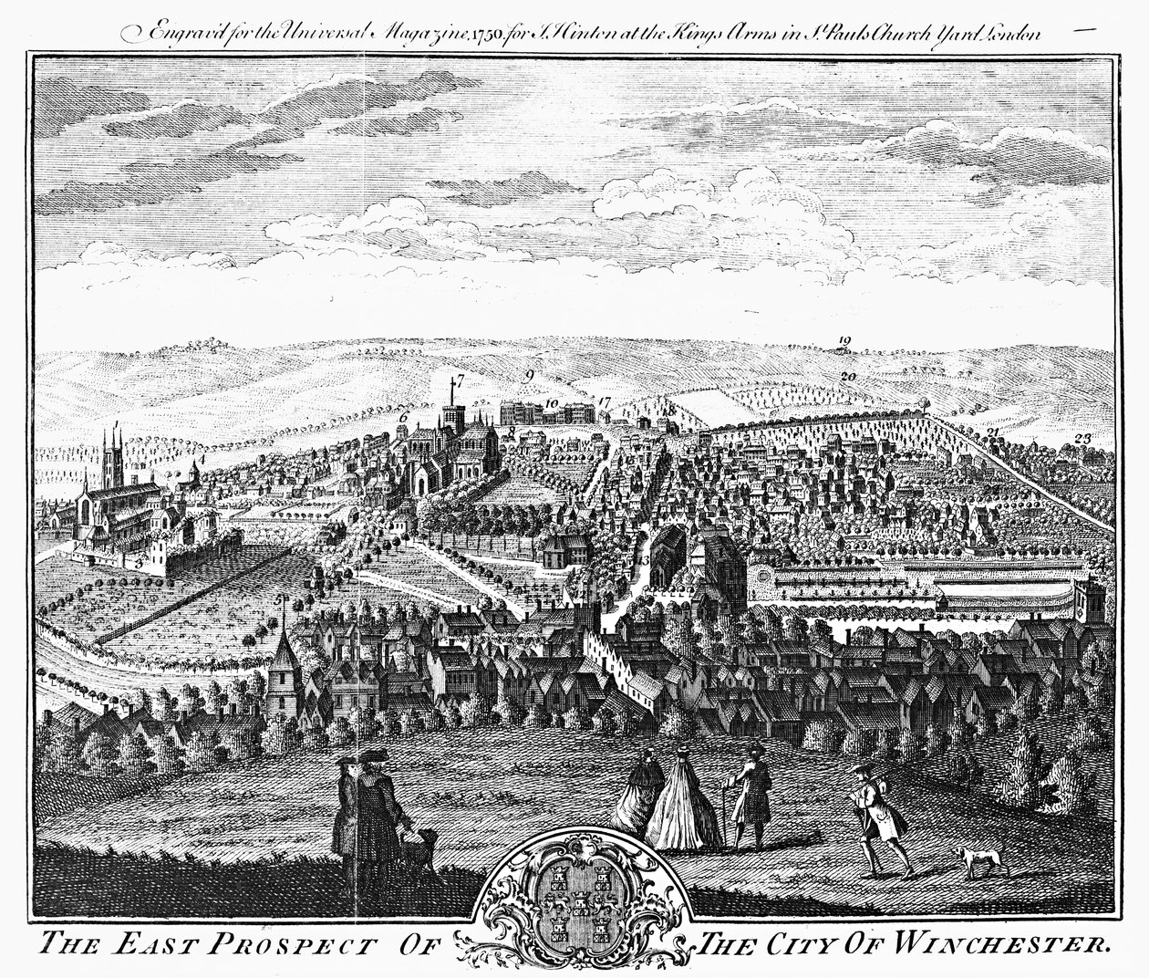 A perspectiva do leste da cidade de Winchester, da "Revista Universal", 1750 de English School