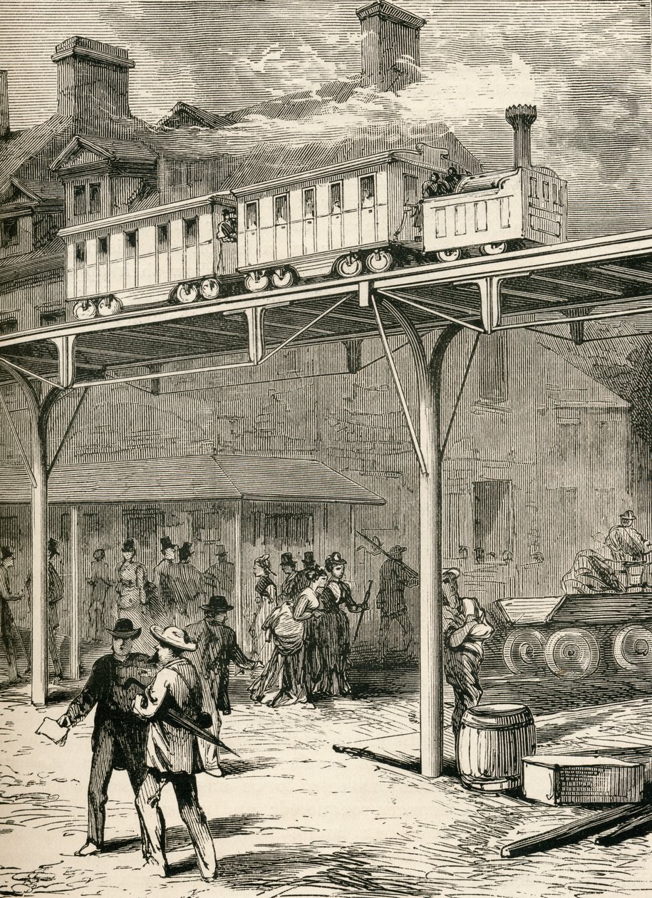 The Elevated Railway, Broadway, Nova York, de "Os habitantes do mundo" por GT Bettany, publicado em 1888 de English School