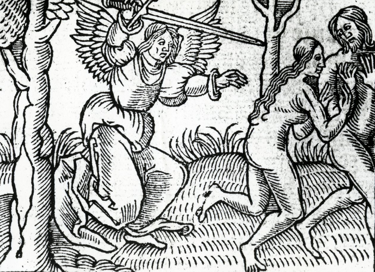 A Expulsão do Jardim do Éden, ilustração da Bíblia de Cranmer, 1540 de English School