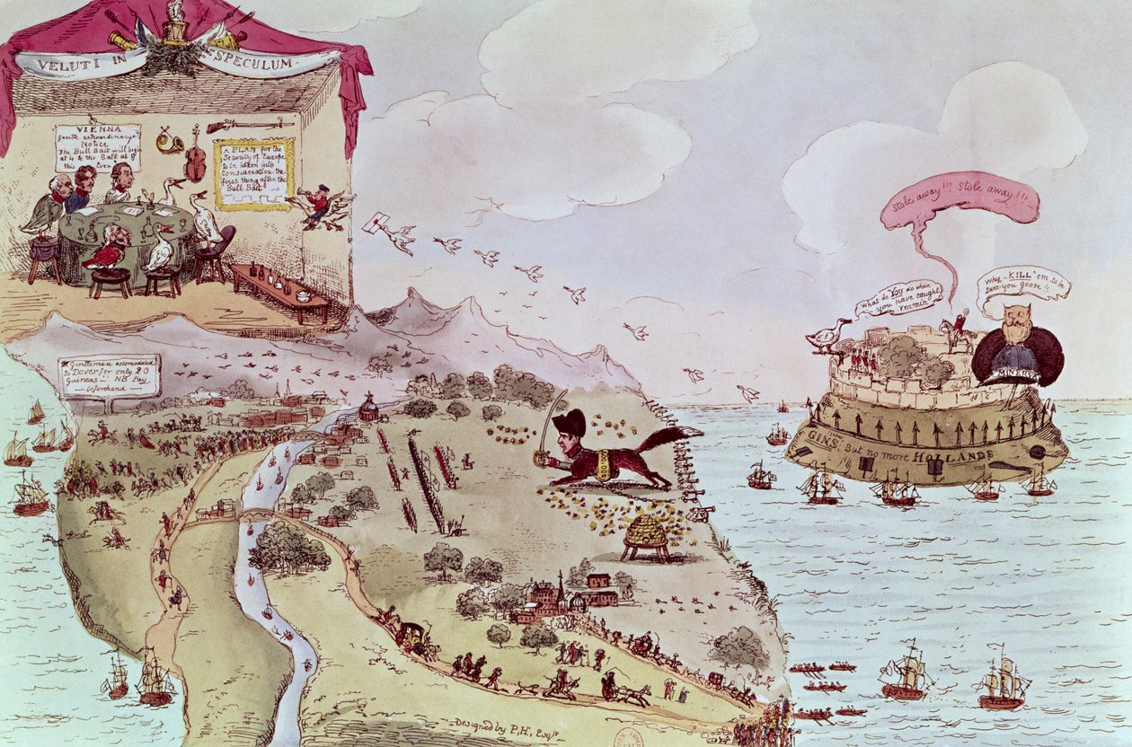 A raposa e o ganso; ou Boney Broke Loose! &39;, desenho animado do Congresso de Viena e a fuga de Napoleão de Elba, pub. 1815 (gravura colorida à mão) de English School