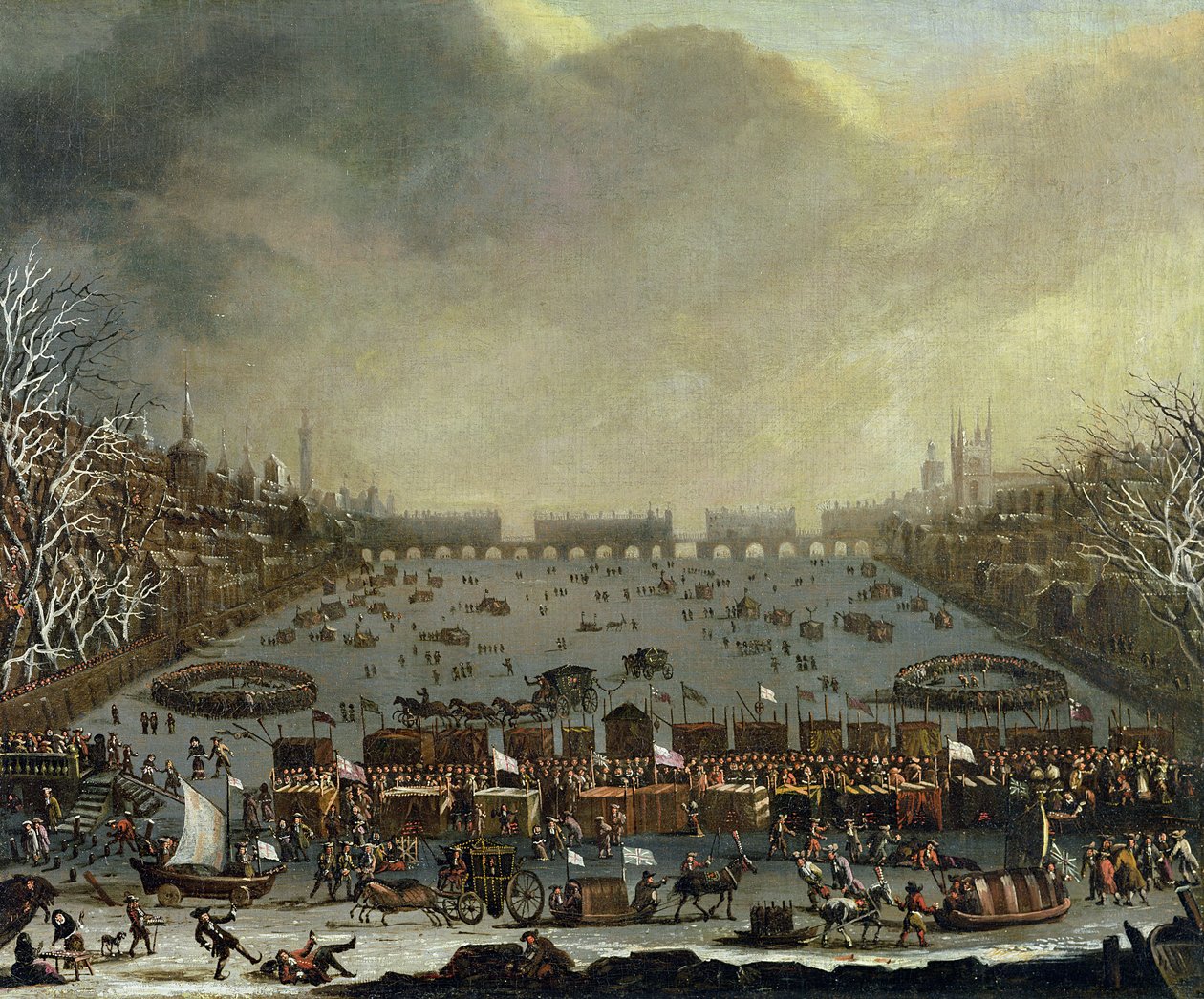 A Frost Fair do inverno de 1683-4 no Tamisa, com a Old London Bridge à distância. c.1685 de English School