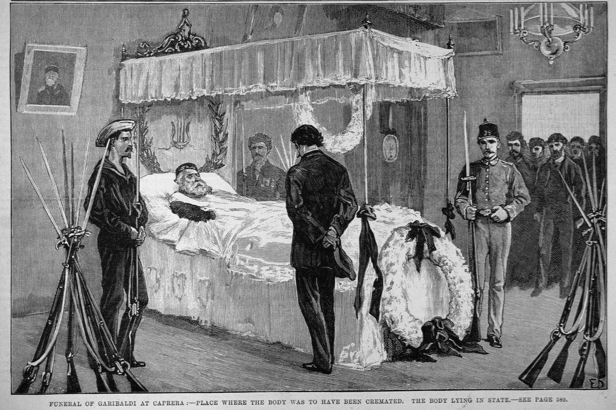 O funeral de Garibaldi em Caprera: O corpo deitado no estado, de &39;The Illustrated London News&39;, 17 de junho de 1882 de English School