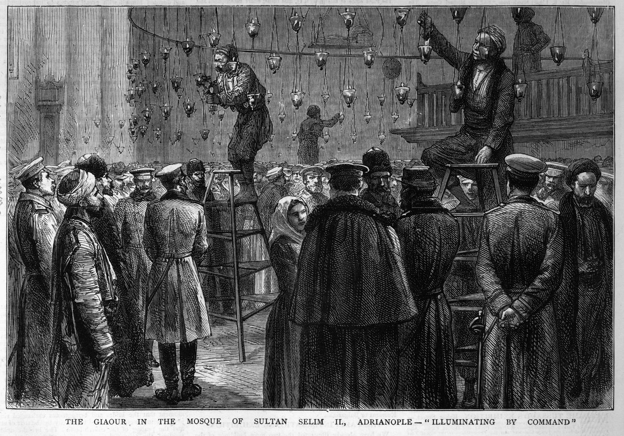 O Giaour na Mesquita do Sultão Selim II., Adrianópolis: &39;Illuminating by Command&39;, de &39;The Graphic&39;, março de 1878 de English School