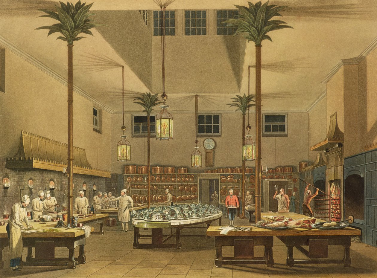A grande cozinha, de &39;vistas do pavilhão real, Brighton&39; por John Nash (1752-1835) 1826 (aquatint colorido) de English School