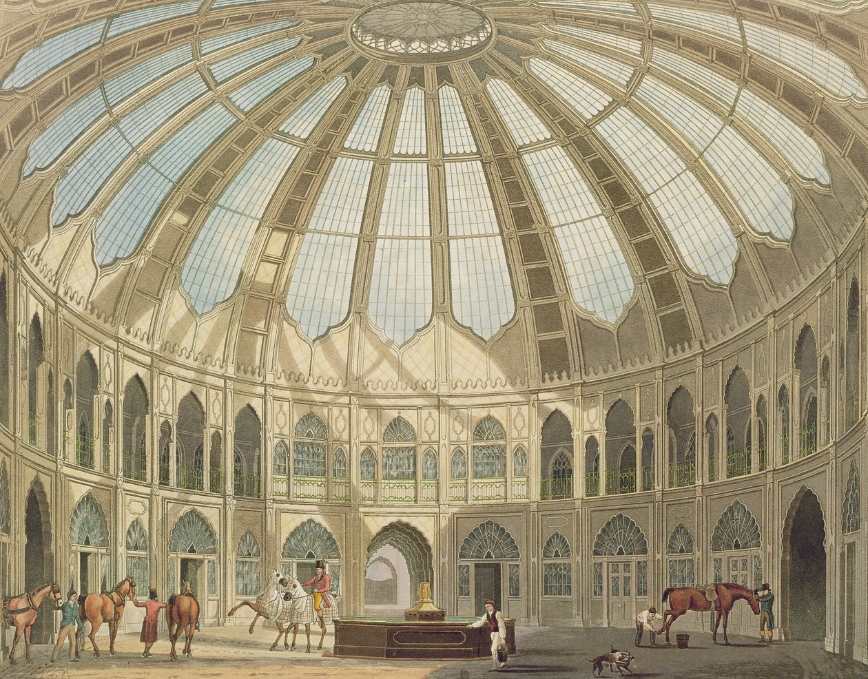 O interior dos estábulos, das vistas do pavilhão real, Brighton por John Nash (1752-1835) 1826 (aquatint) de English School