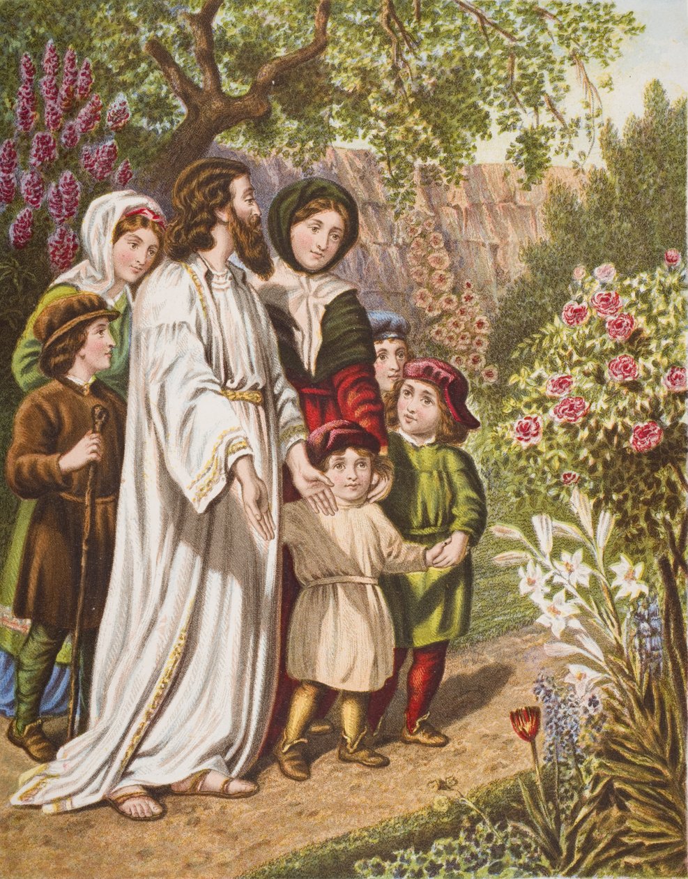 O intérprete com os peregrinos no jardim, ilustração de "O progresso do peregrino" por John Bunyan (1628-88) de English School
