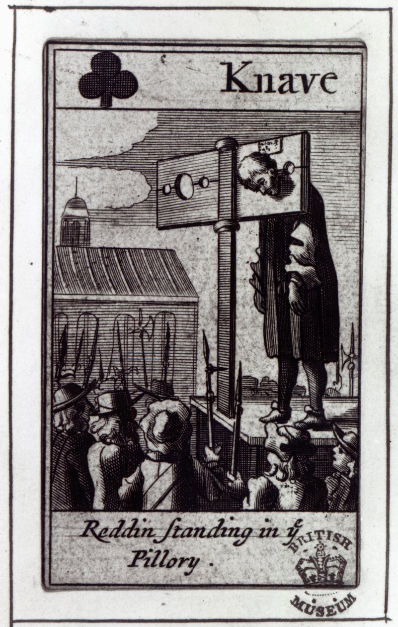 O Valete de Paus, de um baralho de cartas relacionadas com o Papagaio de 1678 e a condenação de Nathaniel Reading, 1679 de English School