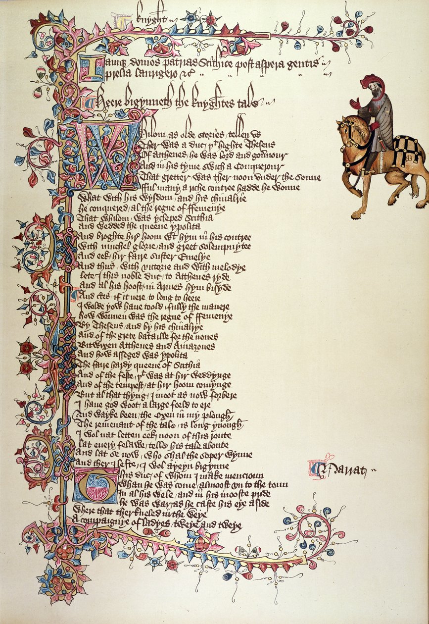 The Knight, detalhe de The Canterbury Tales, por Geoffrey Chaucer (c.1342-1400) Ellesmere Manuscrito, edição fac-símile, 1911 (para detalhes originais ver 128937) de English School