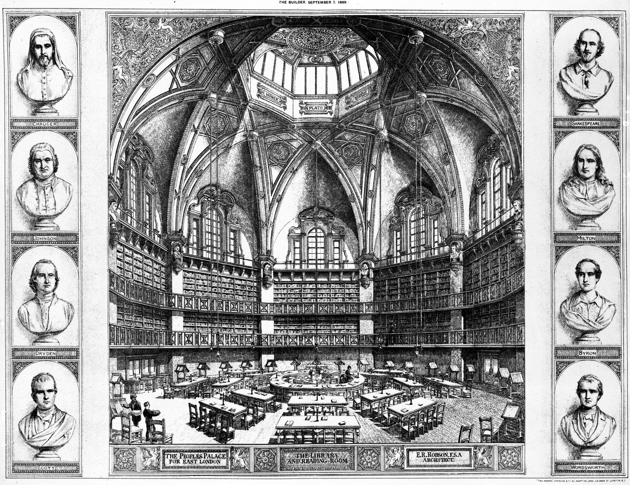 A Biblioteca e Sala de Leitura no Palácio do Povo em East London, c.1880s de English School