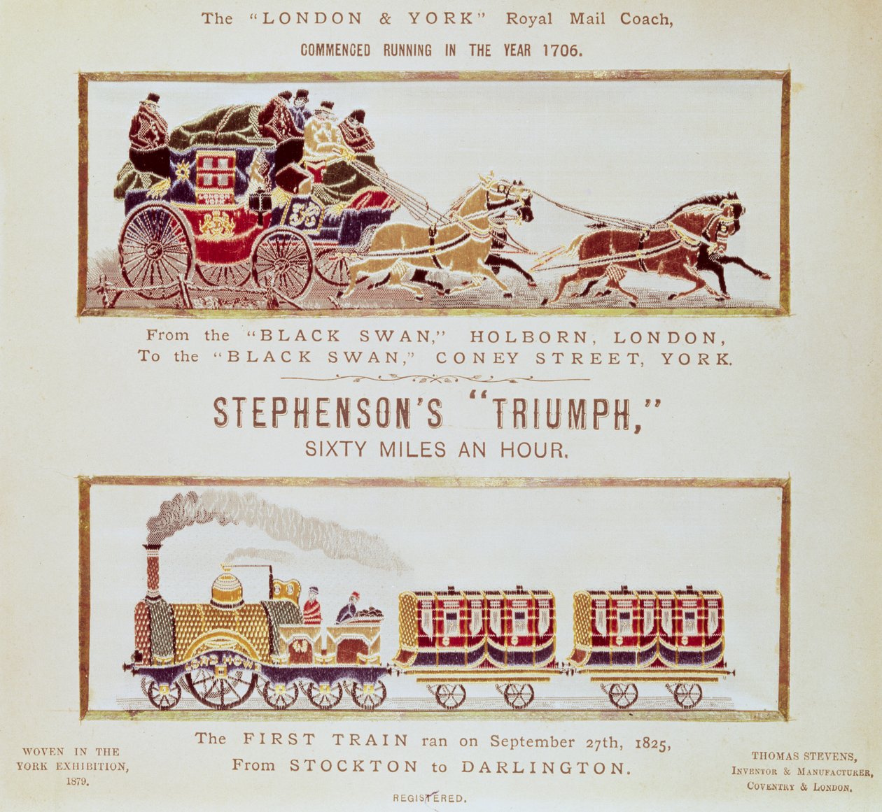 O &39;London and York&39; Royal Mail Coach e Stephenson&39;s &39;Triumph&39;, tecidos para a Exposição de York, 1879 (stevengraph) (ver também 5300) de English School